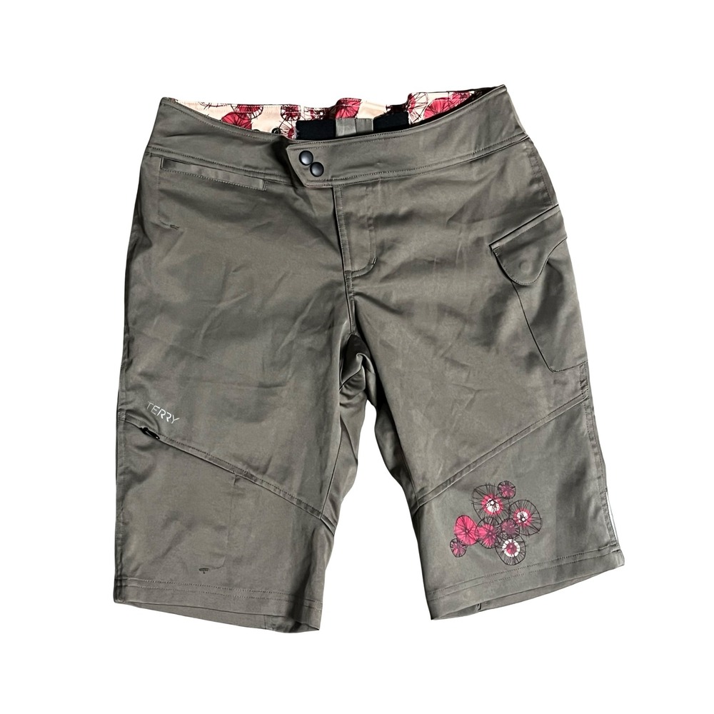 Terry Womens Cycling Biking Shorts Olive Green Floral Medium Adjustable Waist